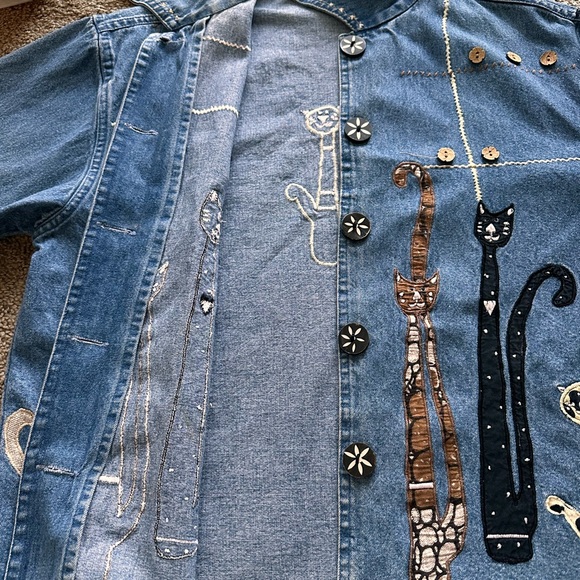 Vintage Jean Denim Jacket Cat Mom Embroidery Appliqué Quirky Cottagecore Artsy S - Picture 4 of 15